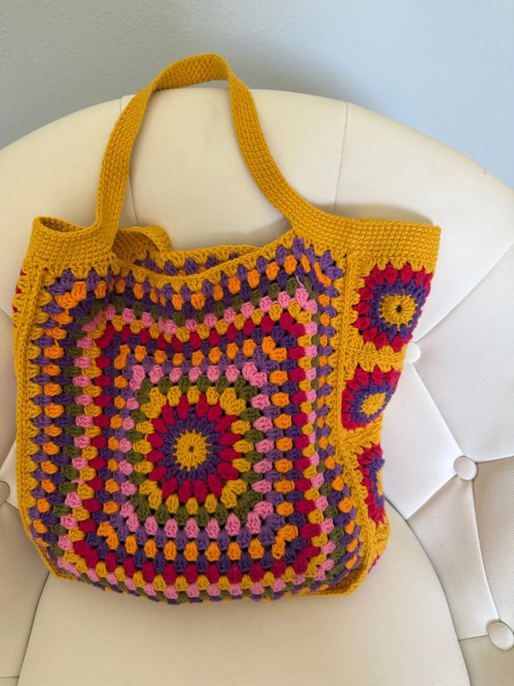 Granny Handmade Knitting Crochet Tote Bag - Mustard Multicolor - Picture 4 of 7